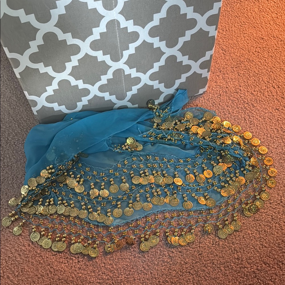 Gold and Blue Coin-Embellished Scarf
